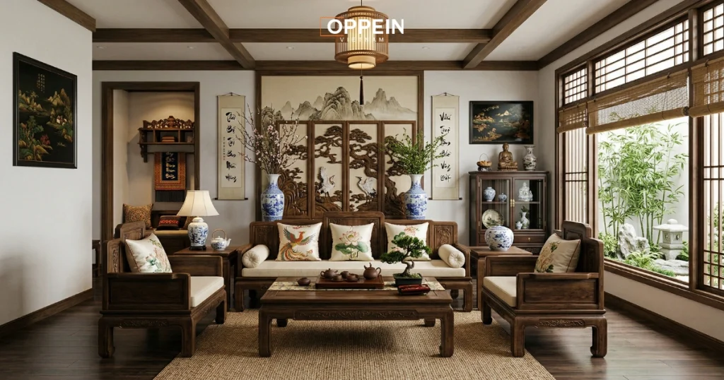 Mẫu decor phòng khách mang phong cách Á Đông