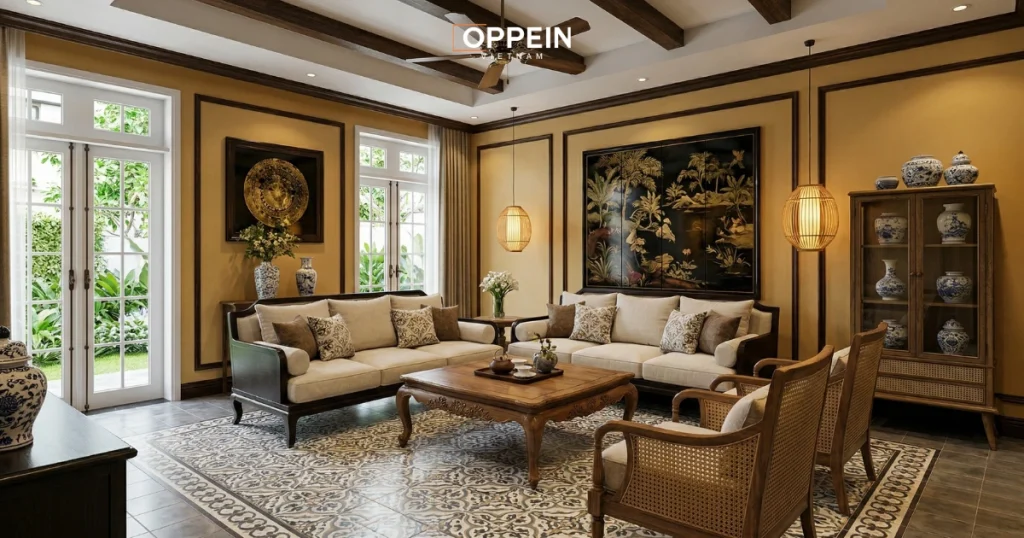 Mẫu thiết kế phòng khách theo phong cách Indochine