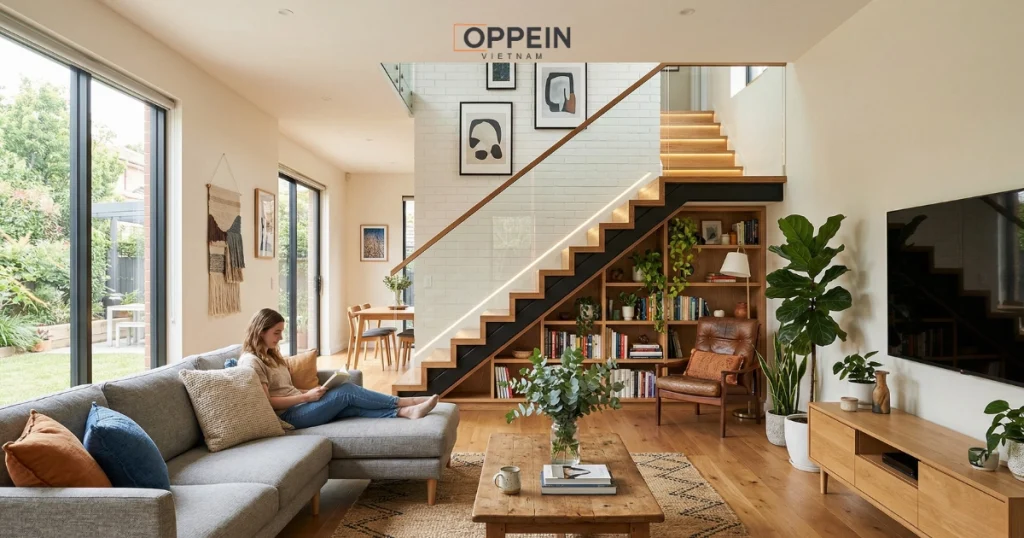 Mẫu trang trí phòng khách kết hợp cầu thang