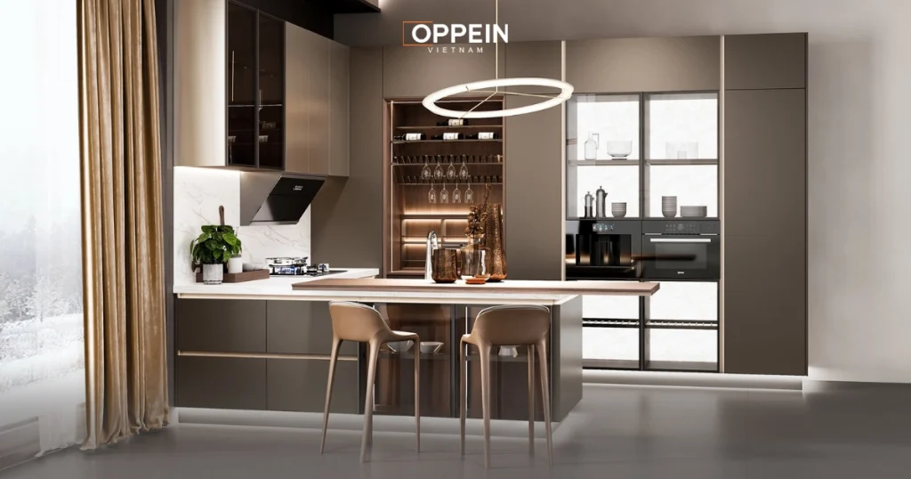 Oppein - Đơn vị thiết kế và thi công đảo bếp kết hợp bàn ăn cao cấp, hiện đại