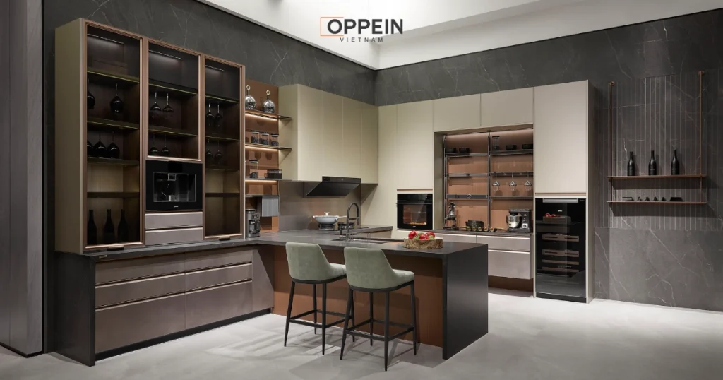 Mẫu đảo bếp kết hợp bàn ăn phong cách tân cổ điển