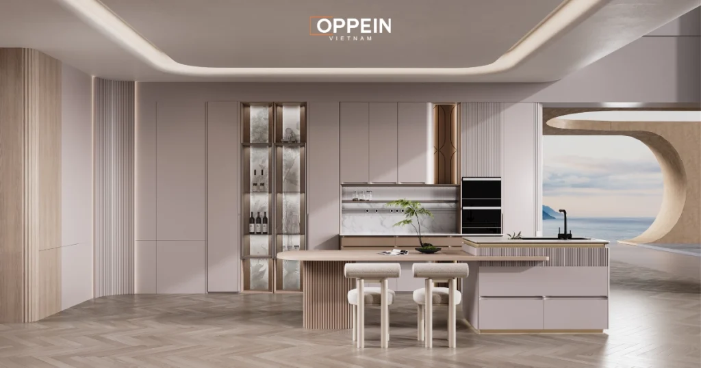 Mẫu bàn đảo kết hợp bàn ăn bằng gỗ tự nhiên