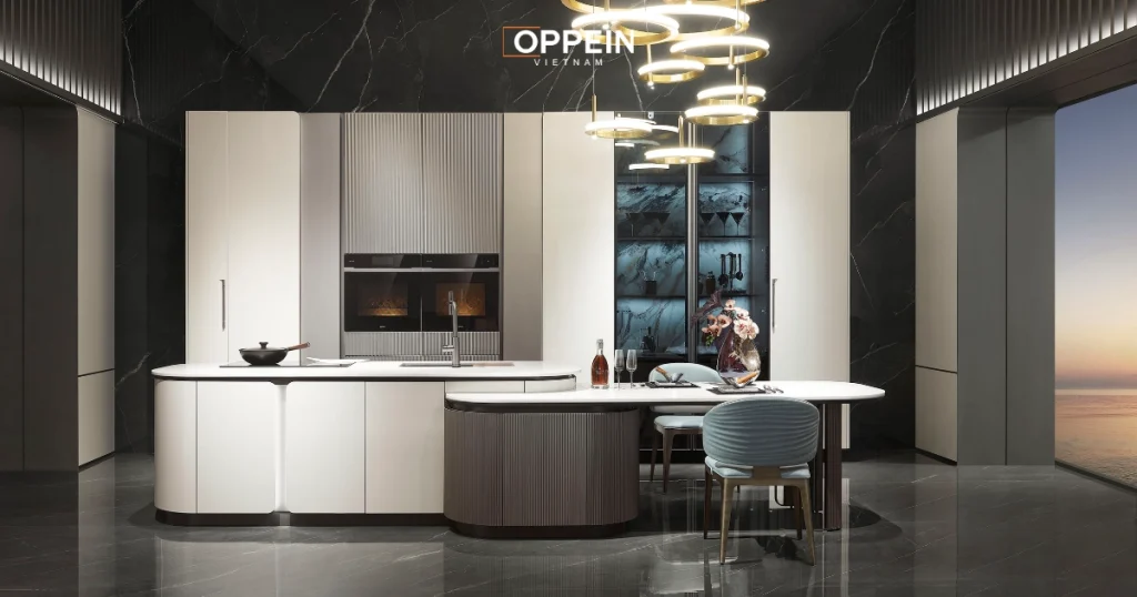 Mẫu đảo bếp kết hợp bàn ăn bằng gỗ công nghiệp