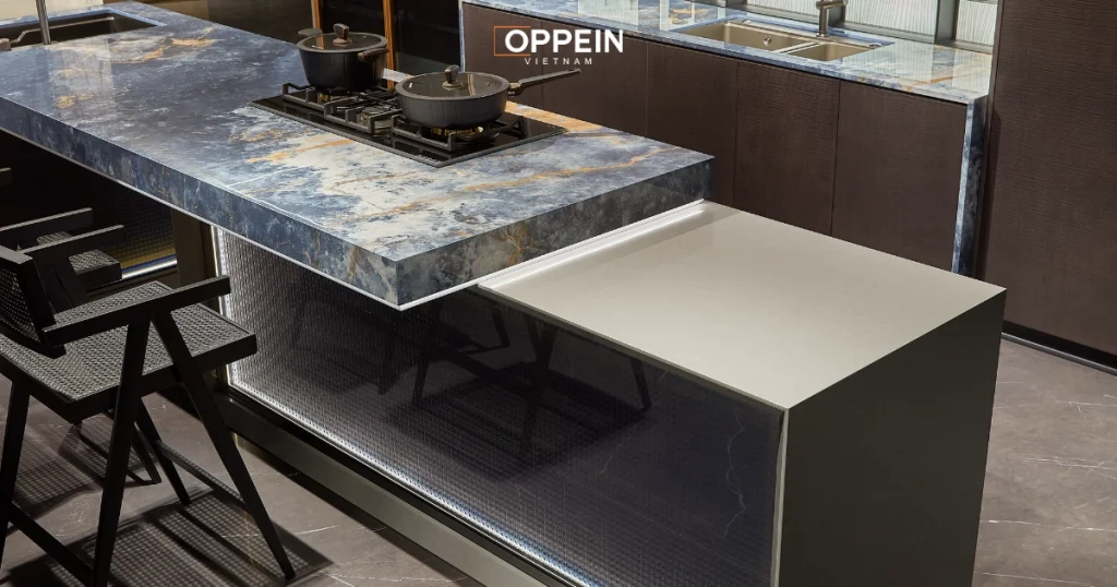 Mẫu đảo bếp kết hợp bàn ăn mặt đá