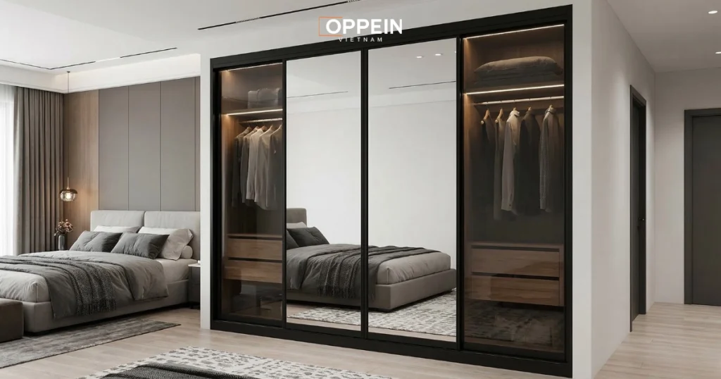 Tủ quần áo nhôm kính tích hợp gương