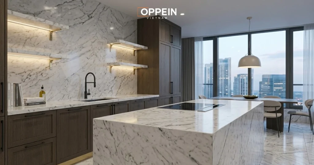 Đá marble nổi bật với vẻ đẹp sang trọng, vân đá mềm mại