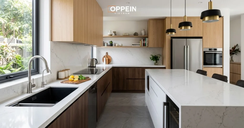 Đá thạch anh nhân tạo nổi bật với độ cứng cao, khả năng chống mài mòn, an toàn tuyệt đối