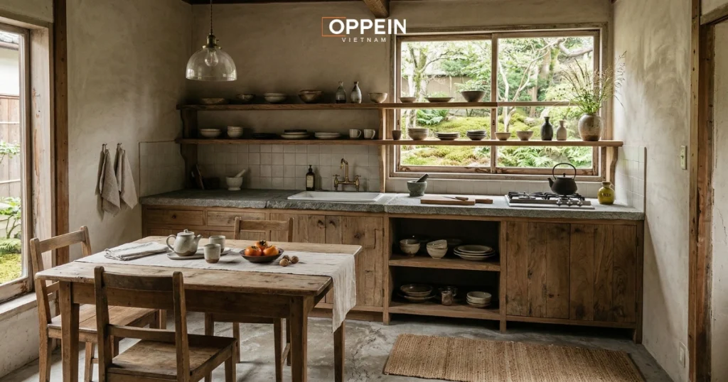Thiết kế phòng bếp mang hơi hướng Wabi Sabi