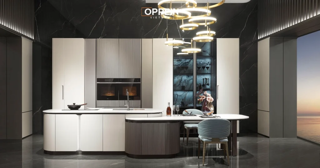 Phòng bếp kết hợp hệ đèn LED hiện đại