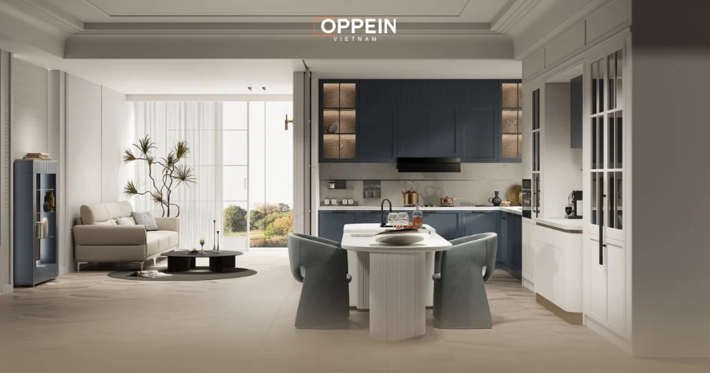 Bố trí phòng bếp liên thông phòng khách tạo sự thông thoáng