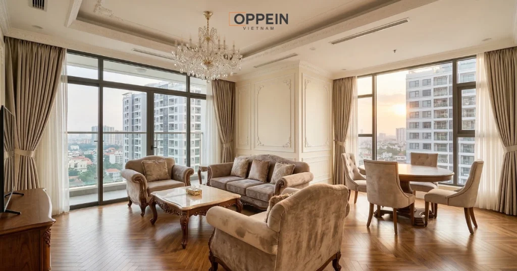 Chất liệu trong phong cách cổ điển thường là những vật liệu cao cấp như gỗ tự nhiên, thạch cao, kim loại mạ vàng,...