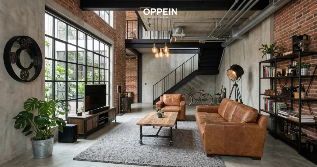 Không gian phòng khách phong cách Industrial