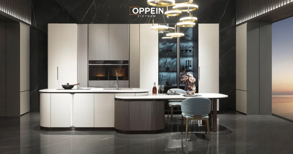 Tủ bếp cánh kính khung nhôm