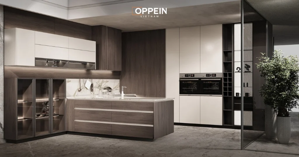 Tủ bếp cánh kính khung nhôm