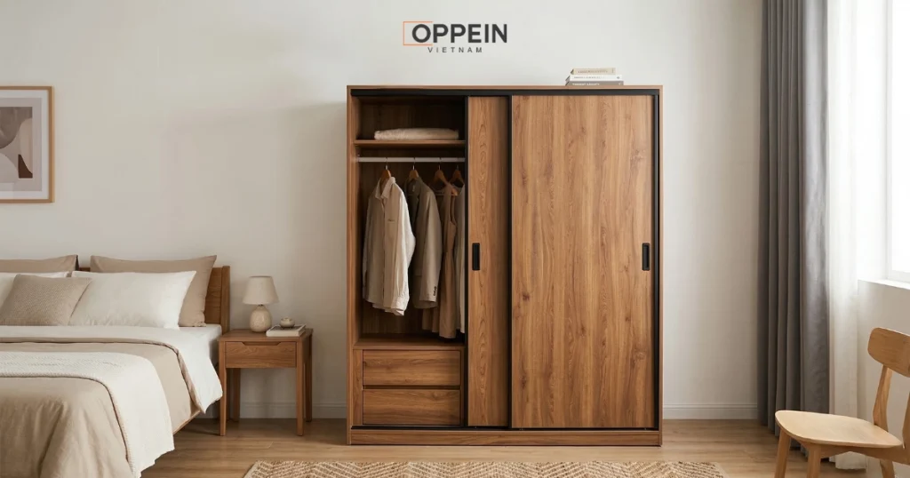 Tủ quần áo cửa lùa 1m2 tone nâu gỗ