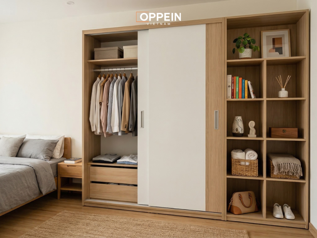 Tủ quần áo cửa lùa 1m6 kết hợp kệ trang trí