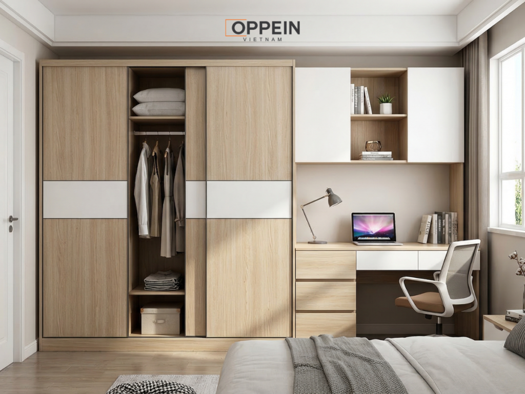 Tủ quần áo cửa lùa 1m6 kết hợp bàn làm việc