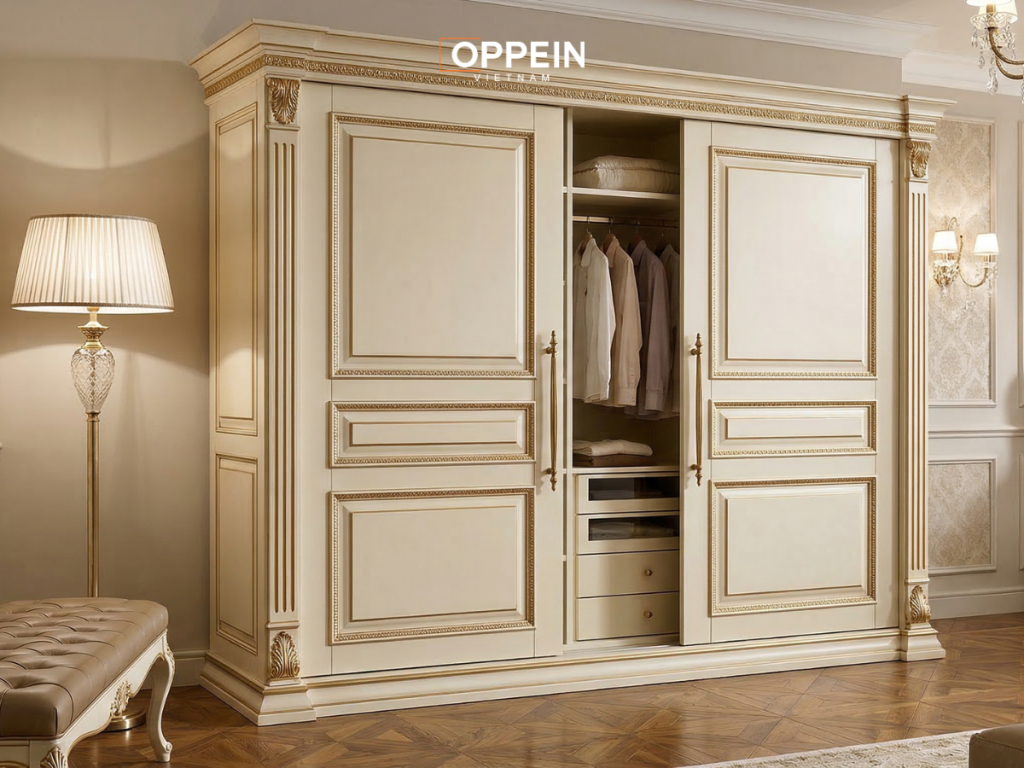 Tủ quần áo cửa lùa 1m6 phong cách tân cổ điển sang trọng