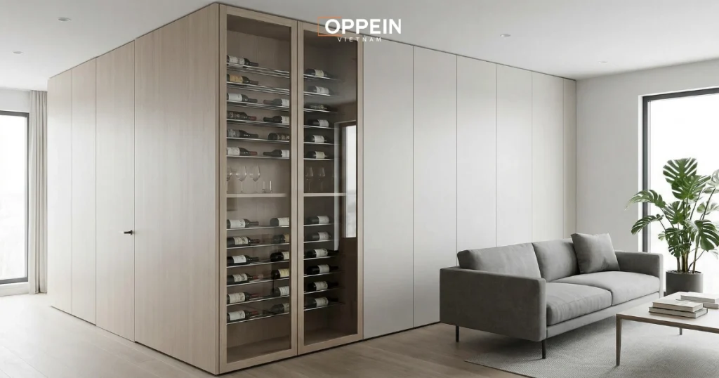 Tủ rượu phòng khách dùng để trưng bày và bảo quản các loại rượu