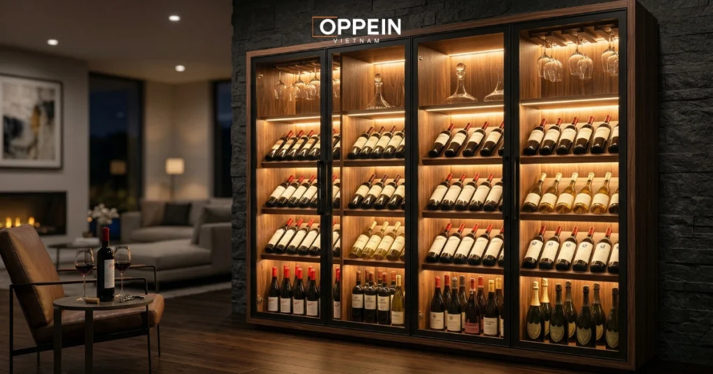 Mẫu tủ rượu tích hợp hệ thống đèn LED