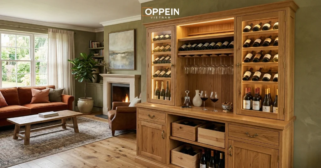 Tủ rượu phòng khách làm từ gỗ tự nhiên