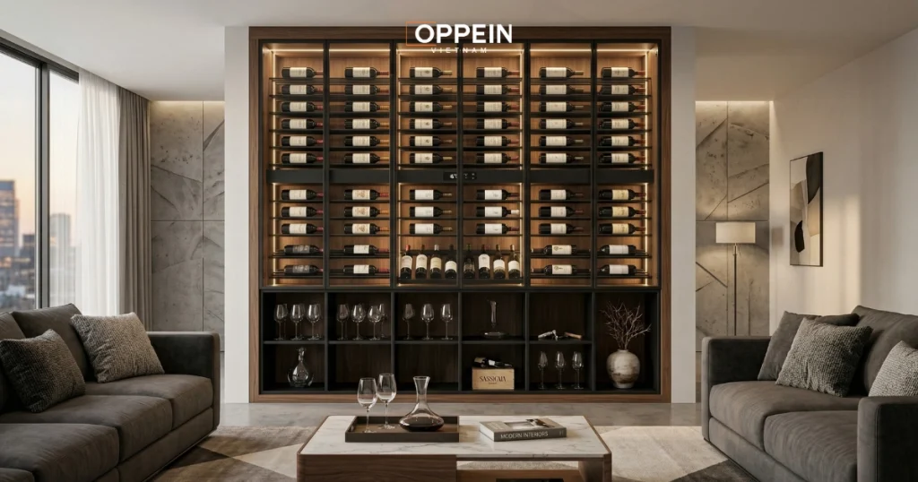 Kích thước tủ rượu cần được lựa chọn sao cho phù hợp với diện tích phòng khách