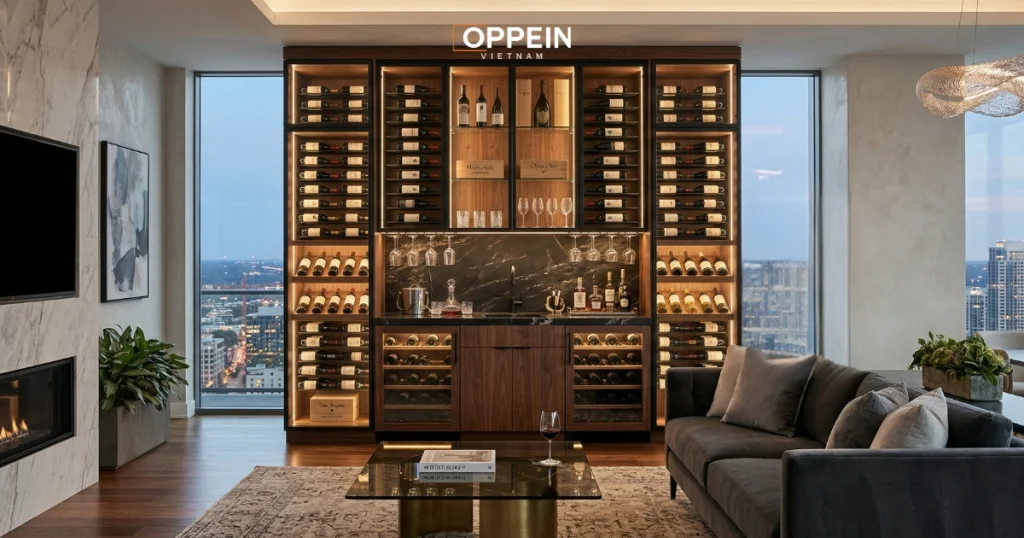 Oppein - Đơn vị thi công tủ rượu phòng khách uy tín, cao cấp