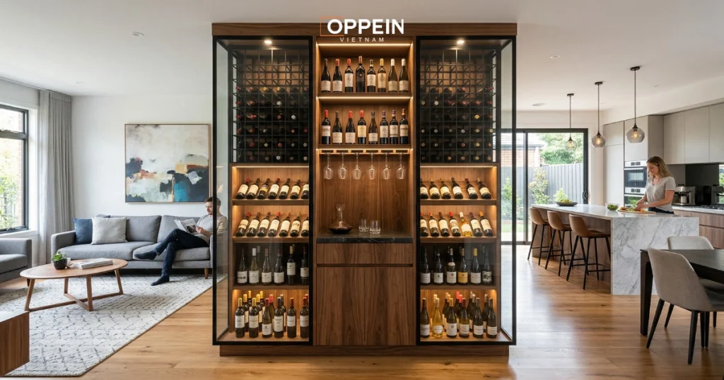 Mẫu tủ rượu dùng để ngăn cách phòng khách và khu vực bếp