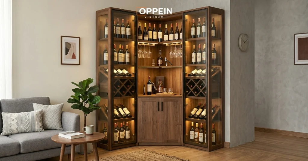 Mẫu tủ rượu đặt ở góc phòng khách giúp tối ưu diện tích