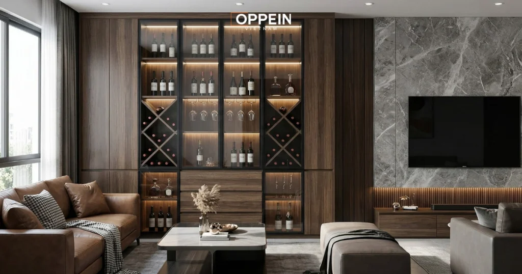 Mẫu tủ rượu âm tường phòng khách hiện đại