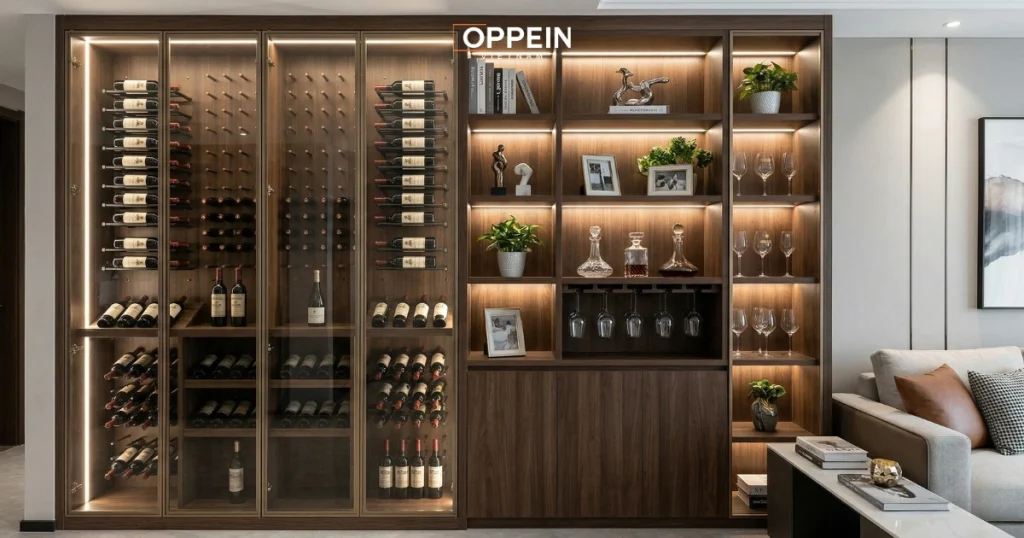 Mẫu tủ rượu kết hợp cùng kệ trang trí
