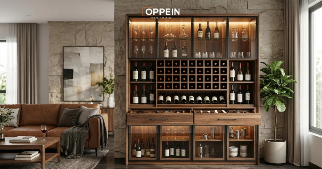 Mẫu tủ rượu phòng khách có thiết kế nhiều ngăn tiện lợi