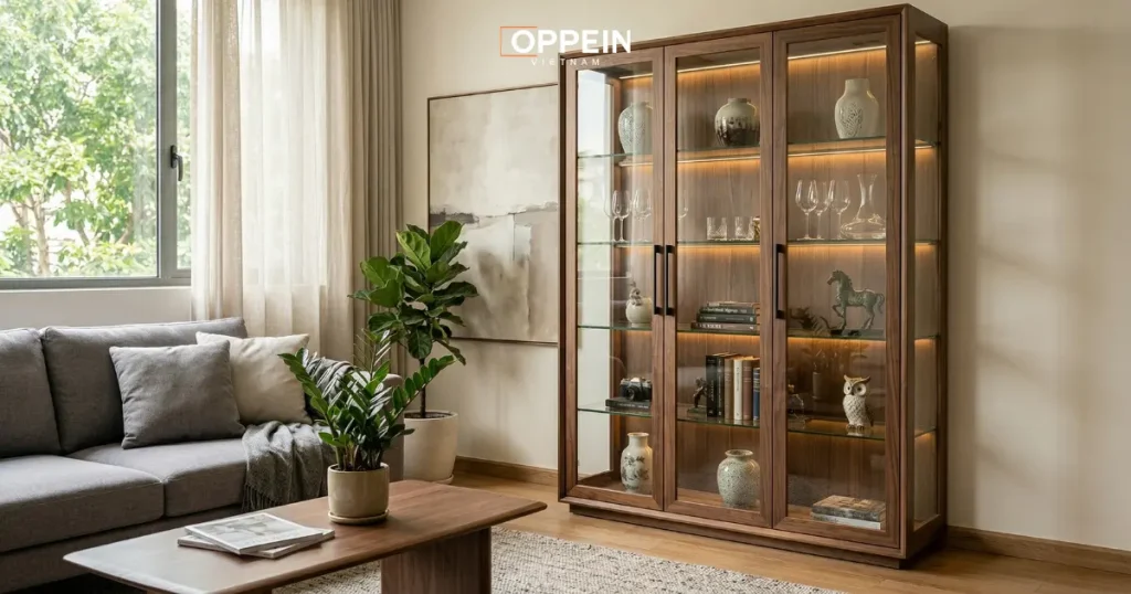 Mẫu tủ phòng khách bằng kính