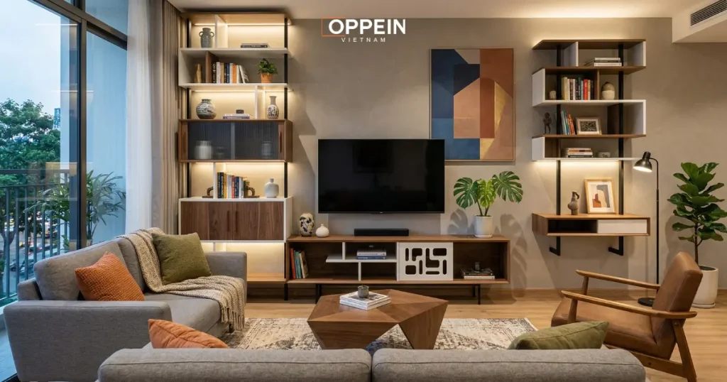 Mẫu tủ phòng khách dạng lệch độc đáo