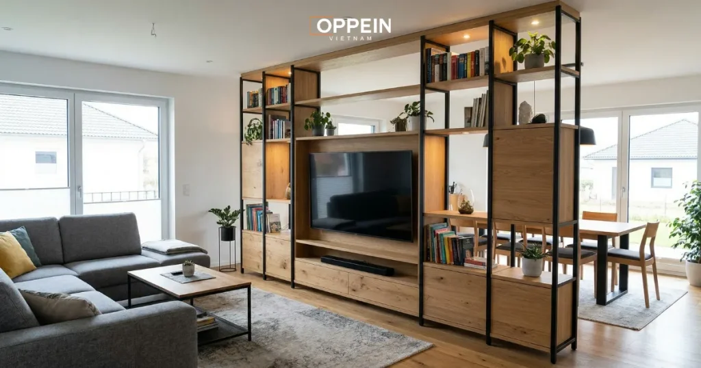 Mẫu tủ phòng khách kết hợp vách ngăn tiện dụng
