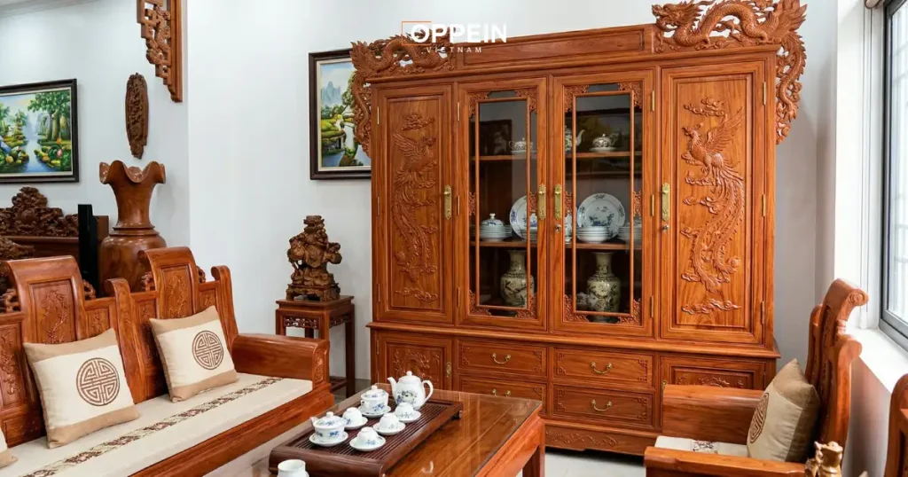 Mẫu tủ phòng khách làm từ gỗ hương