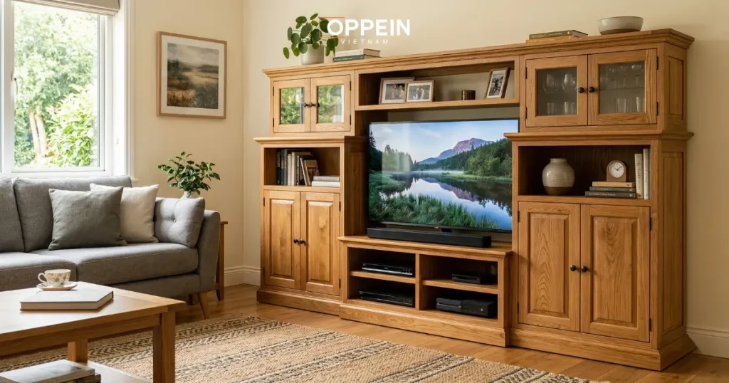 Mẫu tủ phòng khách làm từ gỗ sồi