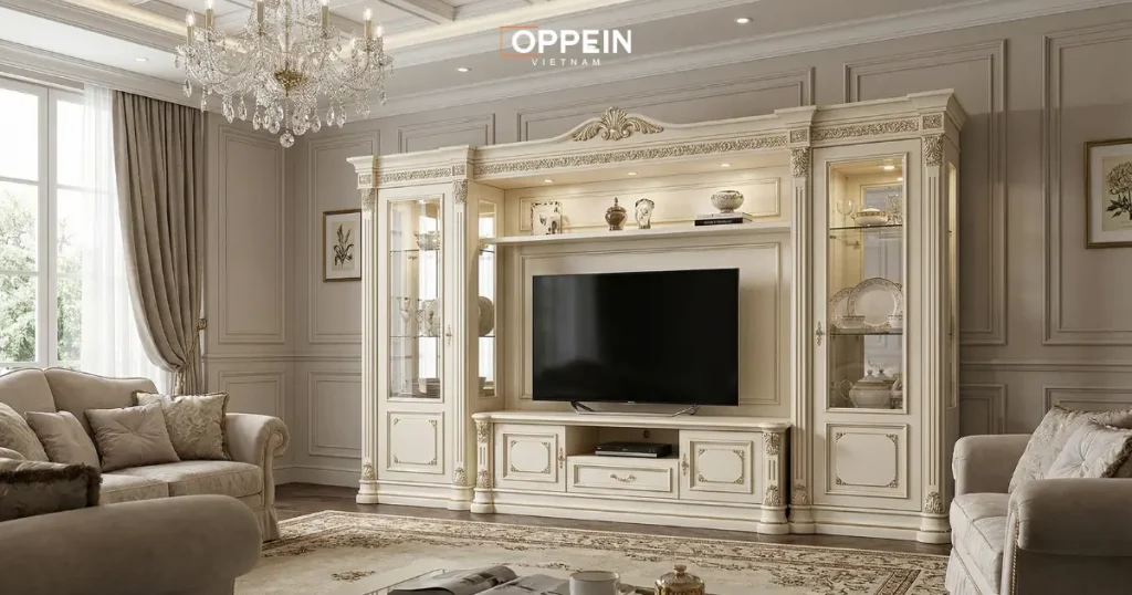 Mẫu tủ phòng khách phong cách tân cổ điển