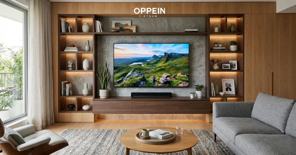 Mẫu tủ tivi âm tường dành cho phòng khách
