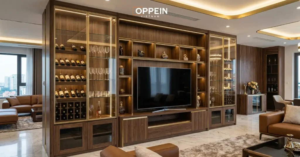 Mẫu tủ tivi kết hợp tủ rượu sang trọng
