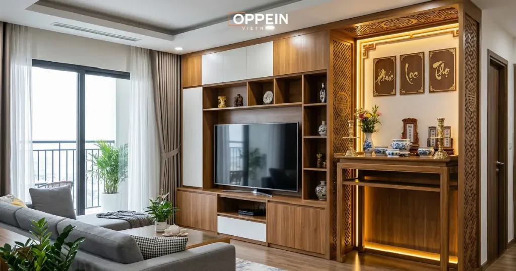 Mẫu tủ tivi sử dụng làm vách ngăn phòng khách
