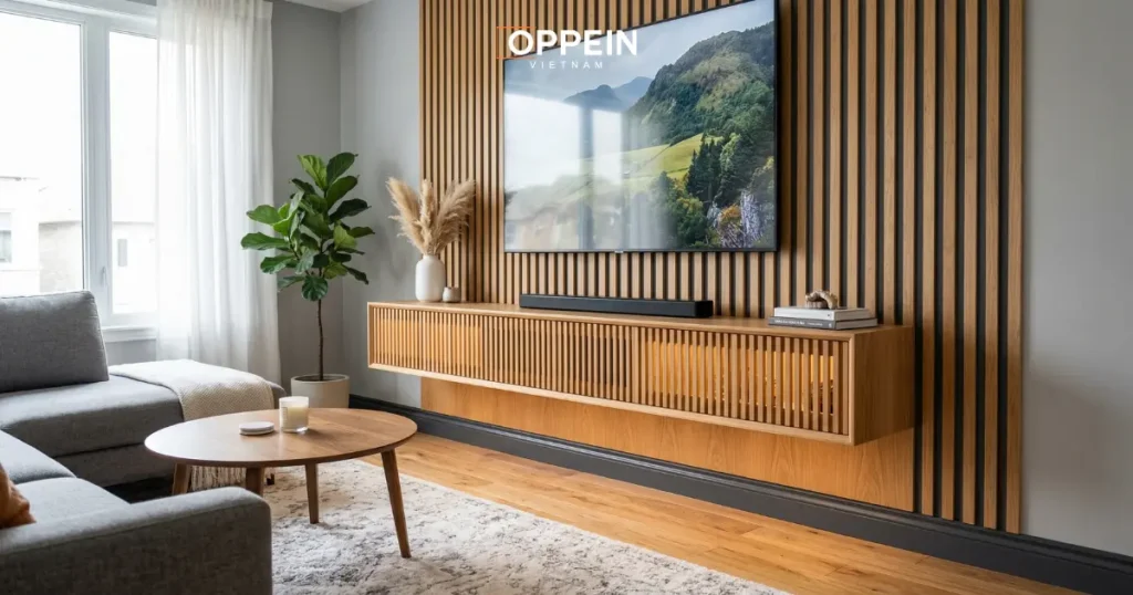 Mẫu tủ tivi tạo điểm nhấn ở khu vực chân tường
