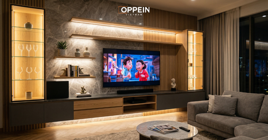 Mẫu tủ tivi tích hợp đèn LED hiện đại
