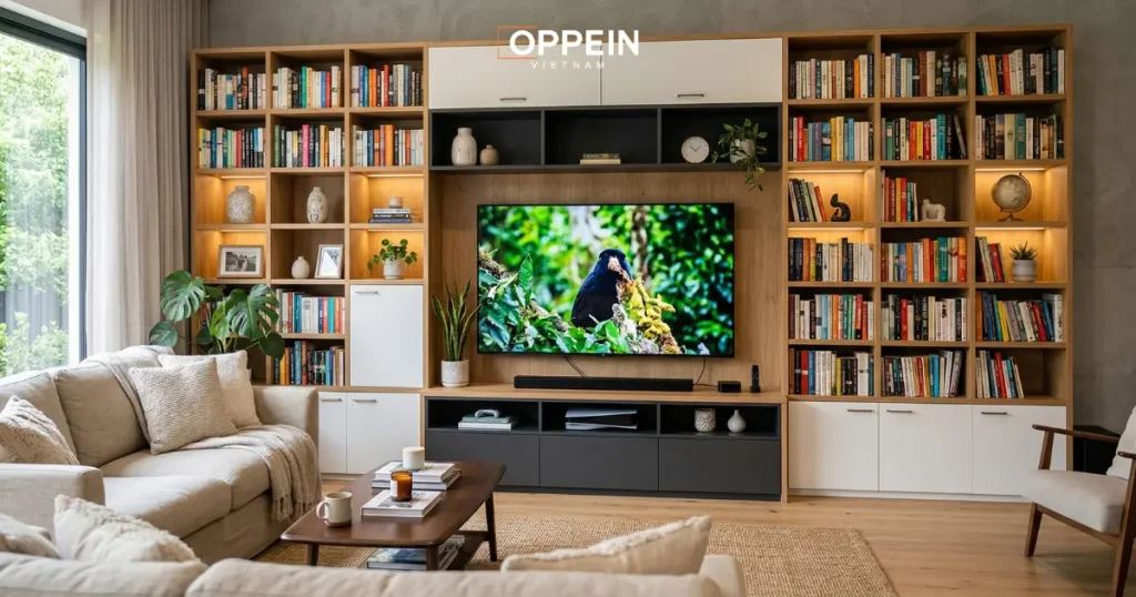 Mẫu tủ tivi tích hợp kệ sách
