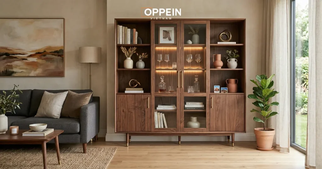 Mẫu tủ trang trí phòng khách bằng gỗ óc chó