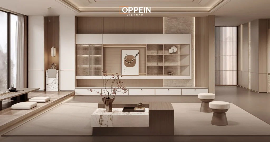 Mẫu tủ trang trí phòng khách chung cư tiện nghi