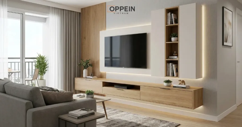 Oppein - Đơn vị thiết kế và thi công tủ tivi phòng khách uy tín tại TP.HCM

