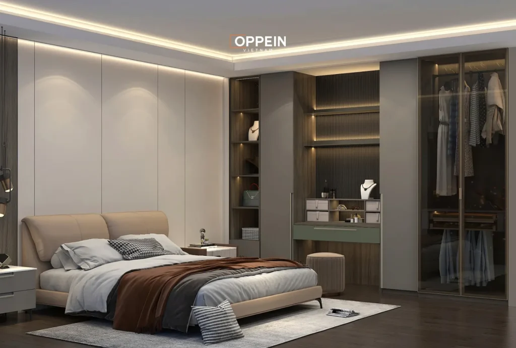 Tủ quần áo cửa lùa kết hợp bàn trang điểm giúp tối ưu không gian