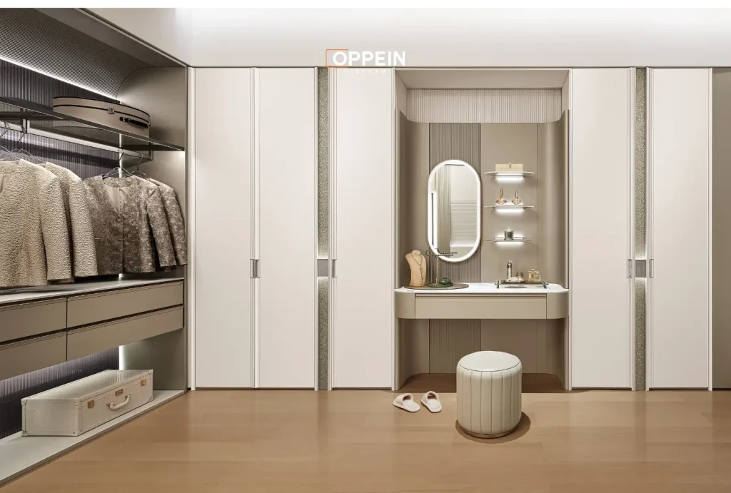 Tủ quần áo kết hợp bàn trang điểm giúp nâng cao tính thẩm mỹ và phong cách